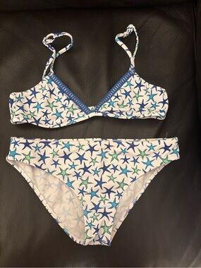 Girls White Starfish Print Bikini Set in Blue & Teal